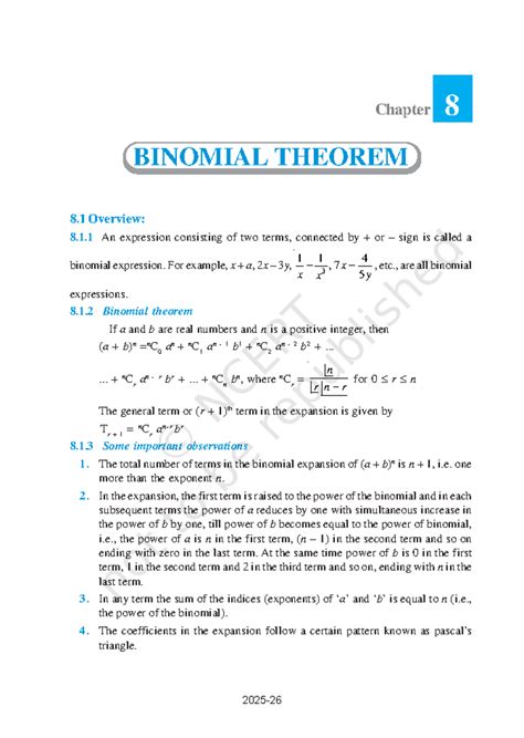 Chapter 8: Binomial Theorem - Key Concepts and Examples - Studocu