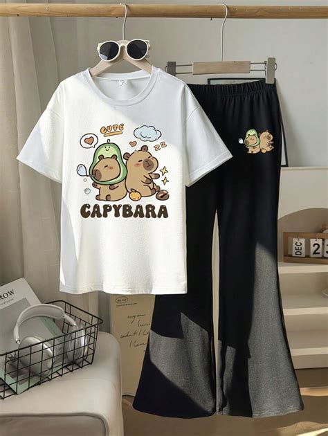 GraphicGems Tween Girls Cute Capybara Print Round Neck Short Sleeve ...