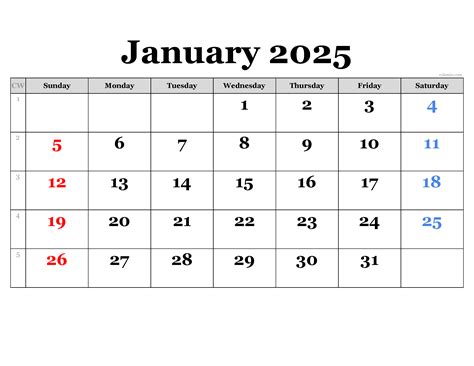 January 2025 Calendar | Free Printable PDF, XLS and PNG - www.colomio.com