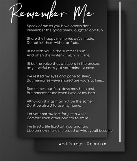 Remember Me-Anthony dowson | Poems About Death And The Future