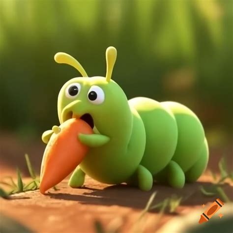 Tiny green caterpillar eating orange carrots in animated grass on Craiyon