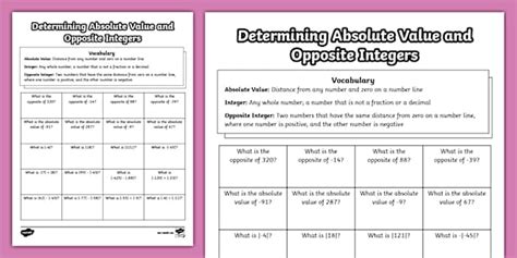 Sixth Grade Determining Absolute Value and Opposite Integers Math Worksheet