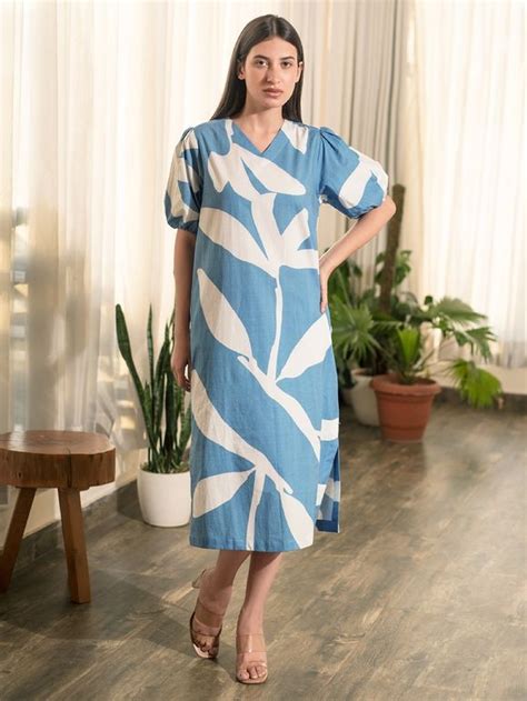 Buy Powder Blue Printed Cotton Poplin Dress | MKSAWY1001/MK9 | The loom