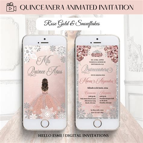 Spanish Invitation, Snowflake Invite, Quinceanera Invitation Rose Gold ...