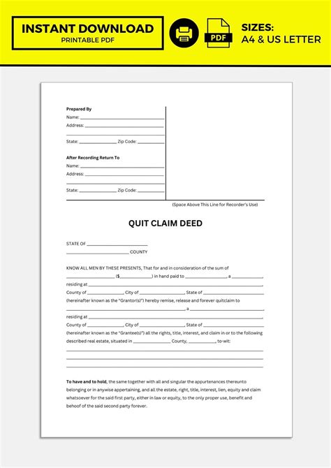 Quit Claim Deed, Quit Claim Deed Template - Etsy
