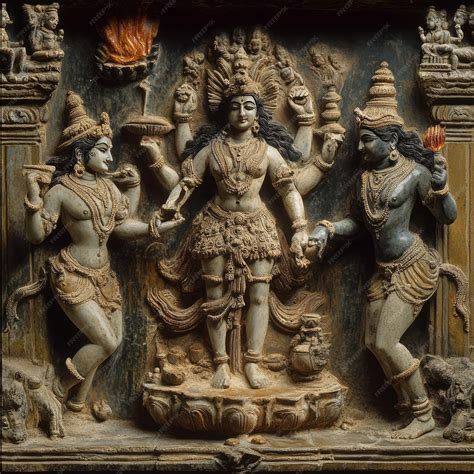 A stone relief sculpture depicting a Hindu deity with two other figures ...