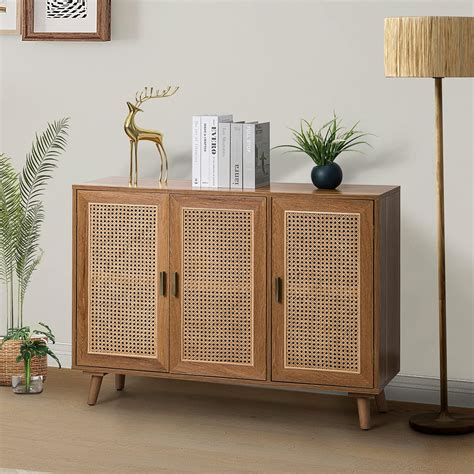 HULALA HOME Accent Storage Cabinet with 3 Natural Rattan Doors & Wood ...