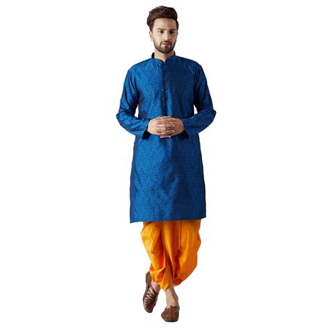 SOJANYA (Since 1958, Men's Blue & Mustard Silk Dhoti Kurta Set, Size: M ...