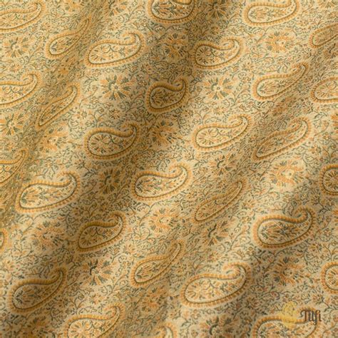 Beige Pure Soft Satin Silk Banarasi Handloom Fabric - Tilfi
