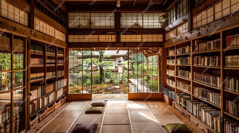 A beautiful traditional Japanese room with a library The room is full of bookshelves and the is ...