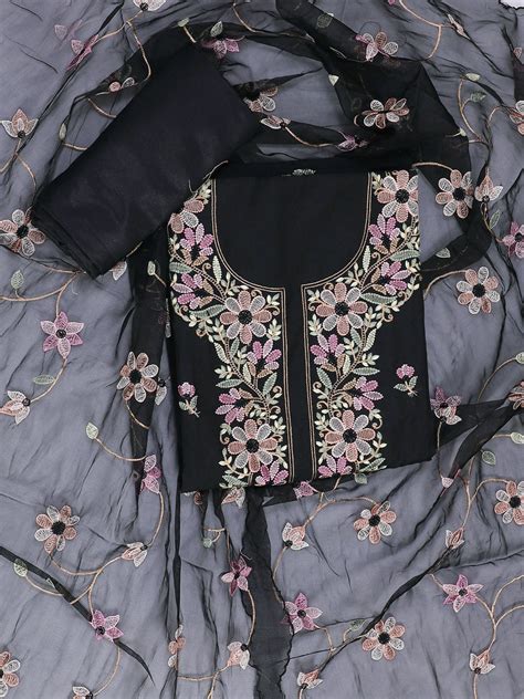 Black Floral Embroidered Unstitch Dress Material with Dupatta