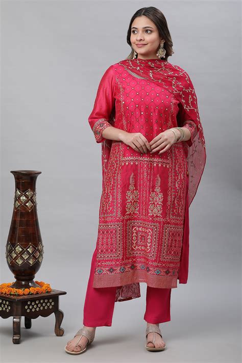 Buy Pink Printed Festive Kurta, Pants and Embroidered Dupatta Set ...