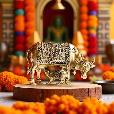 Buy RAISOM Pure Brass Kamdhenu Cow with Calf Idol | Compact Kamdhenu ...