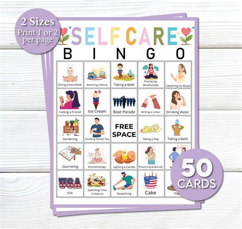 Self care bingo game printable 50 mental health self care bingo cards ...