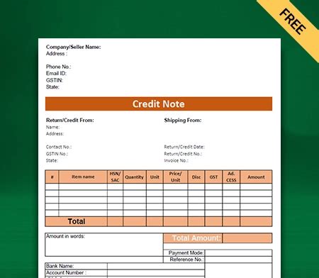 Credit Note Format in Excel - Free Download