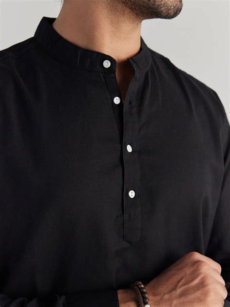 Men Black Airy Linen Short Kurta