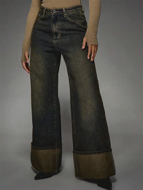 MISSGUIDED Turn Up Wide Leg Jeans High Waist Vintage Wash Denim Bottoms ...