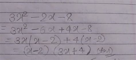 Factorize by splitting the middle term. 3x^2-2x-8 - Brainly.in