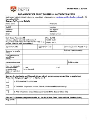 Fillable Online sydney edu ECR & NEW STAFF GRANT SCHEME 2014 ...