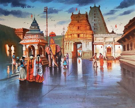 South Indian Temple With Elephant - Painting Of India - Art Prints by L ...