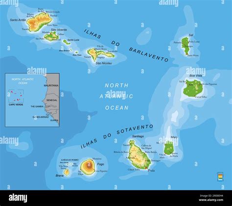 Highly detailed physical map of Cape Verde in vector format,with all the relief forms,regions ...