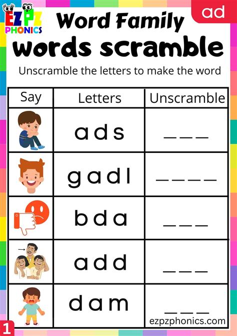 AD Words Words Scramble Phonics Word Families Worksheet - ezpzphonics.com
