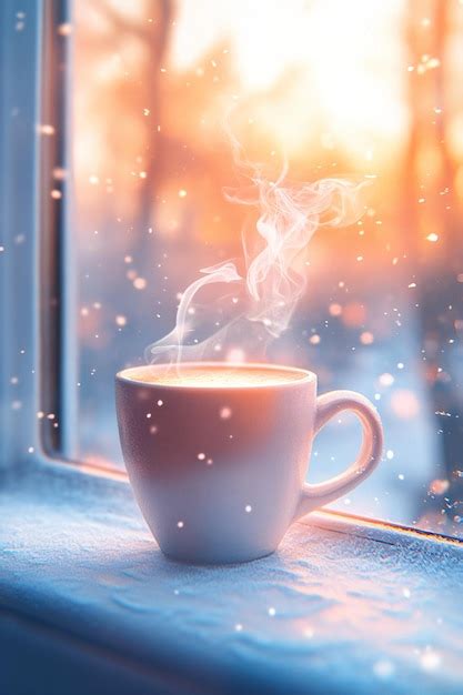 Cup of hot morning coffee on windowsill of cottage mug cappuccino with ...