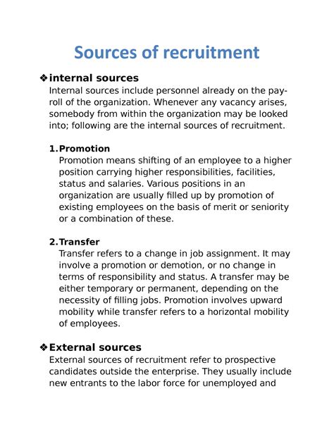 Sources of recruitment - Sources of recruitment internal sources ...