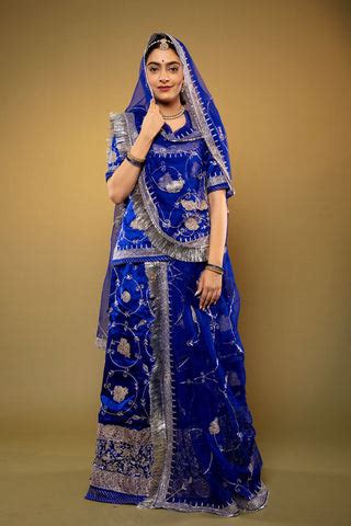 Royal Blue Pure Silk Satin chanderi handwork rajputi Poshak with Pure ...