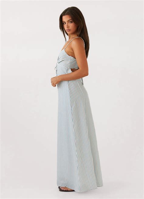 Flora Linen Maxi Dress - Blue Choc Stripe - Peppermayo US
