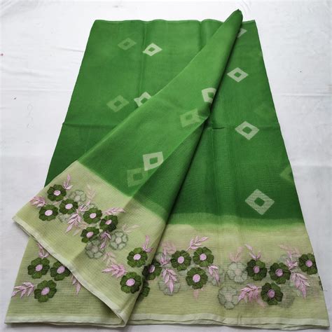 Kota Doria Saree Bandhej and Embroidery Work Green With Blouse ...