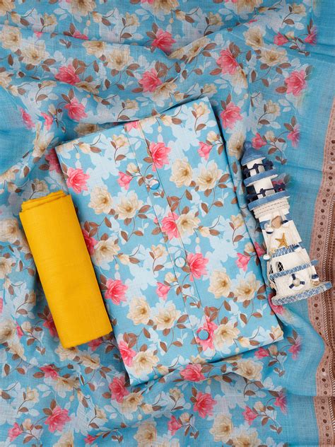 Women's Blue Colour Flower Printed Semi Linen Unstitched Cotton Dress ...