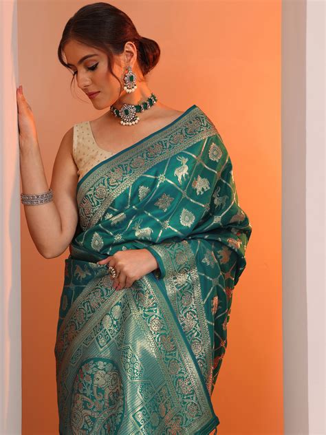 Buy Teal Woven Design Banarasi Silk Blend Saree With Unstitched Blouse ...