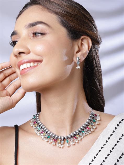 Multicolor Pearl Drop Oxidised Necklace Set – Rubans