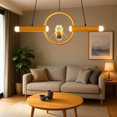 HDC 950mm Wooden Ring Pendant Light with Glass Center Decor Linear LED