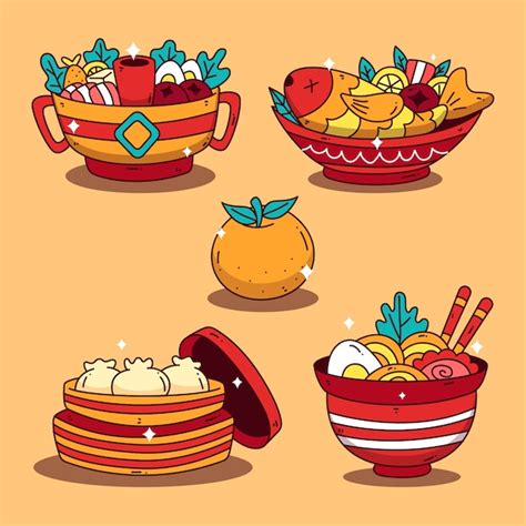 Hand drawn chinese new year reunion dinner food collection | Free Vector