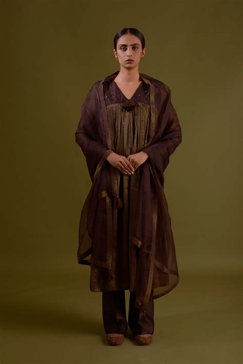 IDDHA Brown Gold Tissue Crepe Gathered Empire Waist Kurta Set With Mir ...