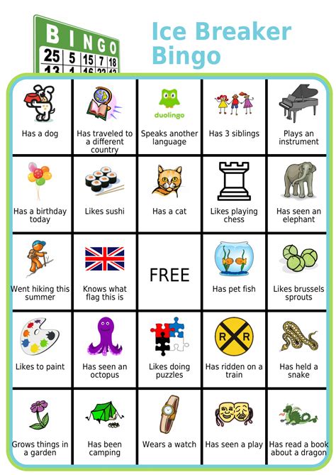 BINGO board called 'Ice Breaker BINGO' with traits and characters kids ...