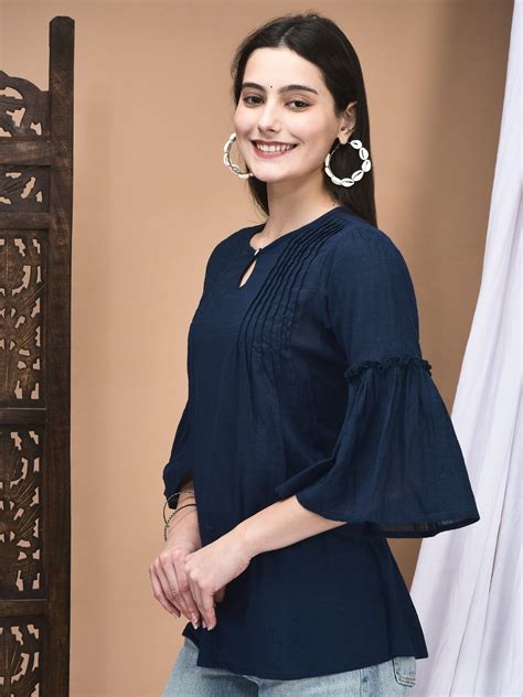 Women Cotton flex Navy Blue Solid Tunic