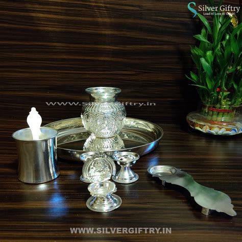 German Silver 10" Plain Plate 4" Kalsha Aarthi and 2" Deepam Kamakshi ...