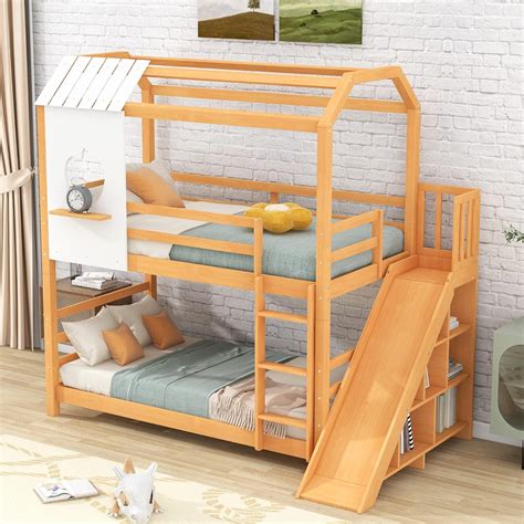 MERITLINE House Bunk Bed with Slide and Storage, | Ubuy India