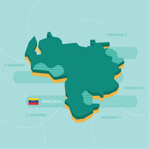3d vector map of Venezuela with name and flag of country on light green background and dash ...