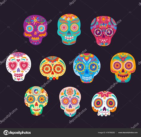 Calavera Mexicana Dibujos Animados Conjunto Vectores Calaveras Azúcar ...
