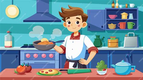 Premium Vector | A cartoon boy cooking in a kitchen with a cartoon ...