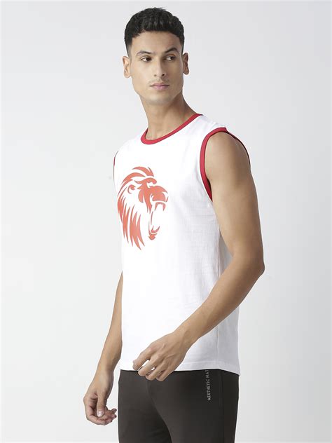 Buy Men White and Red Graphic Printed Sleeveless Round Neck Cotton ...