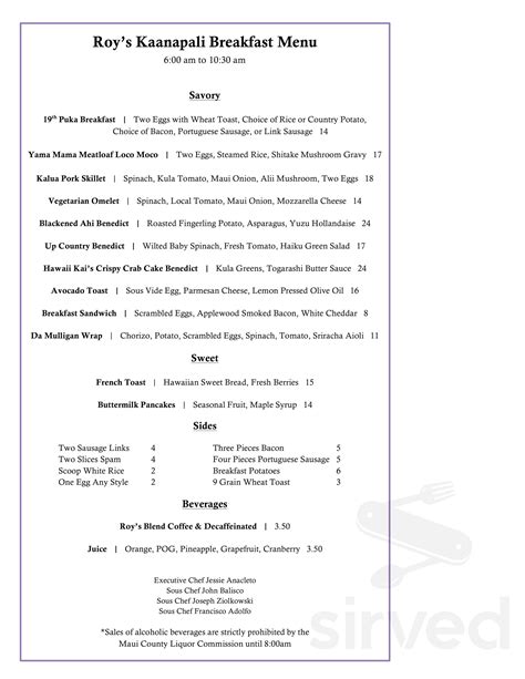 Menu for Roy's Waikoloa Bar & Grill in Waikoloa Village, HI | Sirved