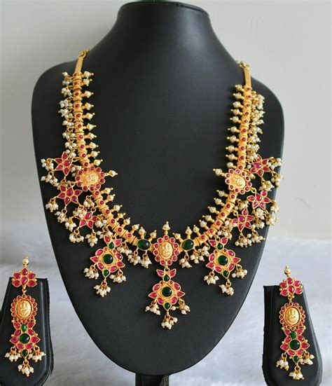 Gold replica real kemp-green-pearl gutta pusalu lakshmi necklace set d ...