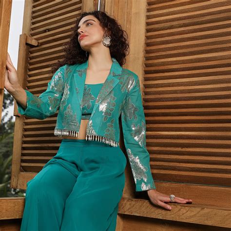 Qissa Women's Teal Green Plume Threads Co-Ord Set