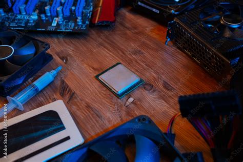 Top view of modern computer parts put together. Building personal ...