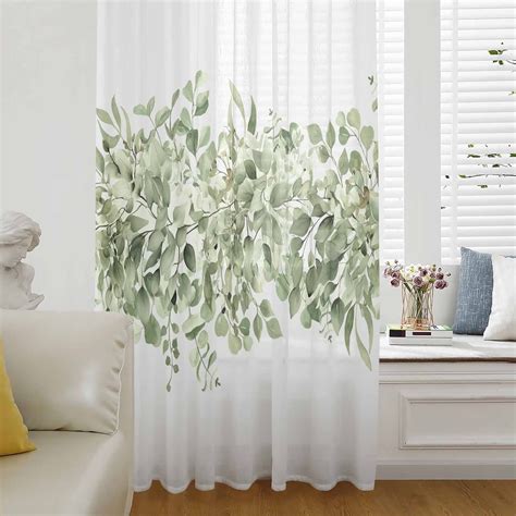 Sage Green Eucalyptus Leaves Semi Sheer Curtains Drapes for Living Room ...
